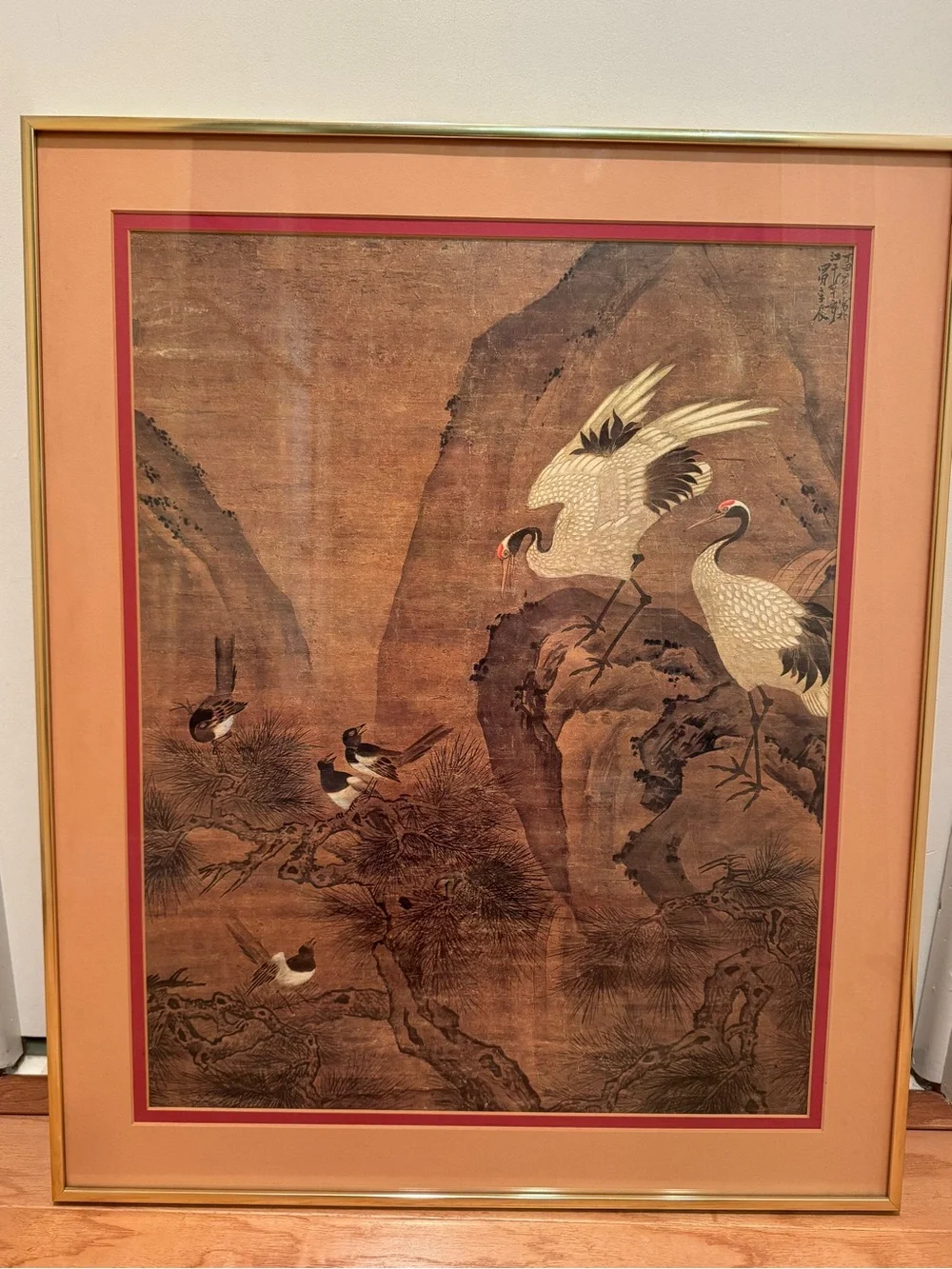 Vintage Chinese Li Chan Group of Magpies & Crane & 2 Cranes Framed Art Print